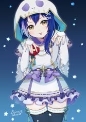 Rule 34 | 1girl, blue hair, blush, bridal gauntlets, commentary request, cowboy shot, earrings, gloves, hair ornament, hairclip, highres, hood, hoodie, japanese clothes, jewelry, long hair, long sleeves, looking at viewer, love live!, love live! school idol festival all stars, love live! school idol project, misoradeko, ribbon, solo, sonoda umi, star (symbol), swept bangs, thighhighs, tongue, tongue out, white gloves, x hair ornament, yellow eyes