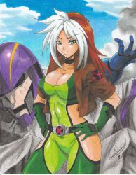 Rule 34 | 1girl, 2021, belt, blue sky, breasts, brown hair, brown jacket, cleavage, cloud, cloudy sky, gloves, green eyes, green gloves, hand on own hip, highres, jacket, large breasts, marvel, mechanical arms, multicolored hair, purple helmet, ravernclouk design, robot, rock, rogue (x-men), sentinel (x-men), single mechanical arm, sky, smile, smoke, traditional media, two-tone hair, two-tone suit, white hair, x-men