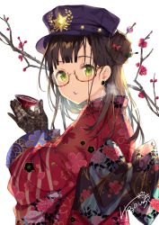 Rule 34 | 1girl, alcohol, blue hat, branch, brown-framed eyewear, brown gloves, brown hair, commentary request, cup, earrings, emblem, floral print, glasses, glint, gloves, green eyes, hair bun, hands up, harunoibuki, hat, holding, holding cup, japanese clothes, jewelry, kimono, long hair, long sleeves, looking at viewer, looking to the side, obi, original, parted lips, peaked cap, print kimono, red kimono, sakazuki, sake, sash, semi-rimless eyewear, side bun, simple background, single side bun, solo, upper body, white background, wide sleeves