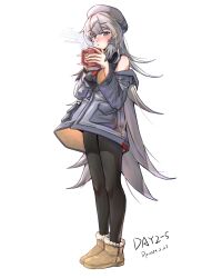 Rule 34 | 1girl, :o, absurdres, arknights, bare shoulders, beret, black pantyhose, black shirt, blush, breasts, brown footwear, commentary request, cup, dated, full body, gaoling gangqin, grey hair, grey headwear, grey jacket, hat, highres, holding, holding cup, jacket, long hair, long sleeves, looking at viewer, medium breasts, mug, mulberry (arknights), off shoulder, open clothes, open jacket, pantyhose, parted lips, purple eyes, shirt, simple background, sleeveless, sleeveless shirt, solo, standing, steam, very long hair, white background, wide sleeves