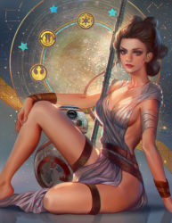 Rule 34 | 1girl, arm warmers, bandaged arm, bandages, bare shoulders, barefoot, bb-8, belt, breasts, brown hair, buckle, constellation, double bun, dress, emblem, fan yang (jiuge), feet, fingernails, grey eyes, hair bun, hand on own knee, jedi, knee up, leather, lens, light smile, looking at viewer, machinery, medium breasts, no bra, no panties, off shoulder, parted lips, polearm, realistic, rey (star wars), robot, short hair, sideboob, sleeveless, sleeveless dress, spear, staff, star (symbol), star wars, star wars: the force awakens, thigh strap, thighs, tsurime, weapon, white dress