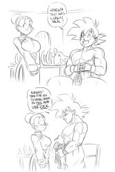 Rule 34 | absurdres, black hair, blush, breasts, chi-chi (dragon ball), couple, dragon ball, english text, excited, funsexydragonball, happy, highres, husband and wife, large breasts, monochrome, muscular, muscular male, smile, son goku, speech bubble, surprised, tagme, undressing