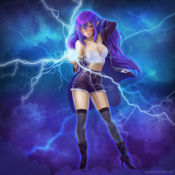 Rule 34 | 1girl, absurdres, bare shoulders, black thighhighs, bustier, coat, facial mark, hand in own hair, high heels, highres, lightning, lipstick, long hair, magic, makeup, off shoulder, pointy ears, prywinko, purple hair, red eyes, shorts, solo, stiletto heels, thighhighs