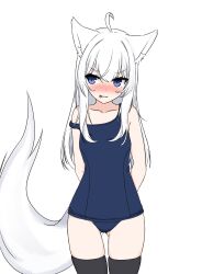 Rule 34 | 1girl, :p, absurdres, ahoge, animal ear fluff, animal ears, bare shoulders, black thighhighs, blue eyes, blue one-piece swimsuit, blush, closed mouth, collarbone, fox ears, fox girl, fox tail, gluteal fold, hair between eyes, highres, kuronagi (mitora uwu), long hair, nose blush, old school swimsuit, one-piece swimsuit, original, school swimsuit, simple background, skindentation, smile, solo, standing, strap slip, swimsuit, tail, thighhighs, tongue, tongue out, v-shaped eyebrows, very long hair, white background, white hair