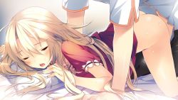 Rule 34 | 1girl, aka-san to kyuuketsuki, all fours, ass, bed, blonde hair, blush, clothed sex, doggystyle, closed eyes, game cg, kuwashima rein, legs, long hair, no panties, open mouth, pillow, sex, sex from behind, sweat, thighs, vaginal