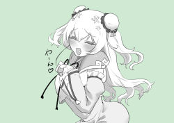 Rule 34 | 1girl, bell, blush, breasts, bun cover, capelet, chinese clothes, closed eyes, contrapposto, cowboy shot, detached sleeves, double bun, dress, fidgeting, flower, frilled skirt, frills, from side, green background, greyscale, greyscale with colored background, hair between eyes, hair bun, hair flower, hair ornament, hair ribbon, heart, heart-shaped tongue, heart in mouth, highres, hololive, jingle bell, large breasts, mochiyuki (gigfor1), momosuzu nene, monochrome, ribbon, simple background, skirt, solo, spoken heart, virtual youtuber