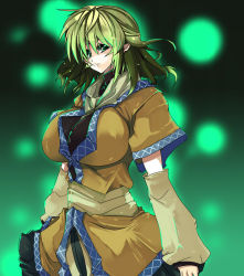 Rule 34 | 1girl, arm warmers, bad id, bad pixiv id, blonde hair, breasts, female focus, green eyes, huge breasts, impossible clothes, impossible shirt, mizuhashi parsee, pointy ears, scarf, shirt, short hair, solo, toono yayoi, touhou
