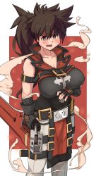 Rule 34 | 1girl, abs, ahoge, belt buckle, black gloves, blush, bodysuit, bodysuit under clothes, breasts, brown eyes, brown hair, buckle, covered erect nipples, covered navel, fingerless gloves, genderswap, genderswap (mtf), gloves, guilty gear, guilty gear xrd, headband, highres, holding, holding sword, holding weapon, impossible clothes, junkyard dog mk iii, large breasts, long hair, messy hair, open mouth, ponytail, reverse grip, sakanadaze, shirt, sleeveless, smoke, sol badgal, sol badguy, solo, sword, taut clothes, taut shirt, weapon