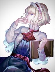 Rule 34 | 1girl, alice margatroid, ascot, blonde hair, blue dress, blue eyes, book, capelet, closed mouth, commentary, cowboy shot, dress, frilled hairband, frills, grimoire of alice, hairband, hand to own mouth, hands up, highres, holding, holding book, jun harukawa, long sleeves, looking at viewer, profile, red ascot, red hairband, short hair, sideways glance, simple background, solo, touhou, wavy hair, white background, white capelet, white sleeves