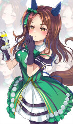 Rule 34 | 1girl, animal ears, bare shoulders, black gloves, blush, bow, breasts, brown hair, buttons, can, closed mouth, commentary request, double-breasted, dress, ear bow, ear covers, gloves, green bow, green dress, hanamura pink, highres, holding, holding can, horse ears, horse girl, horse tail, king halo (umamusume), medium breasts, multiple views, off-shoulder dress, off shoulder, solo, tail, umamusume, yellow eyes, zoom layer