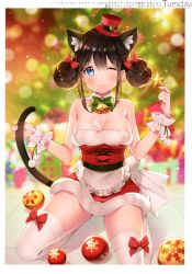 Rule 34 | 1girl, absurdres, animal ear fluff, animal ears, ayamy, bare shoulders, bell, black hair, blue eyes, blurry, blurry background, blush, bokeh, bow, breasts, brown hair, cat ears, cat tail, christmas ornaments, cleavage, closed mouth, collarbone, depth of field, detached collar, double bun, dress, fang, full body, fur trim, hair bun, hat, highres, kneeling, looking at viewer, medium breasts, mini hat, mini top hat, miyawaki sana, one eye closed, original, pom pom (clothes), red bow, santa dress, scan, short dress, sitting, skin fang, smile, solo, tail, thighhighs, top hat, white thighhighs