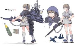 Rule 34 | 1girl, aircraft, blue eyes, blush, bolt action, boots, breasts, brown hair, bullet, cleavage, closed mouth, clothes writing, from behind, gun, hair between eyes, hand on own hip, helmet, highres, holding, holding gun, holding weapon, intrepid (kancolle), jura cambri, kantai collection, m1903 springfield, multiple views, neck pillow, open mouth, ponytail, pouch, rifle, rigging, short sleeves, simple background, standing, weapon, white background
