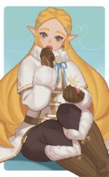 1girl badge black_coat black_pants blonde_hair blue_eyes boots braid brown_footwear capelet coat crown_braid eating food fruit fur-trimmed_capelet fur_collar fur_trim gloves gold_trim hair_ornament hairclip highres holding holding_food holding_fruit ivy_(sena0119) legs_together long_hair nintendo pants pointy_ears princess_zelda sidelocks sitting solo the_legend_of_zelda thick_eyebrows very_long_hair white_capelet white_coat