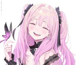 Rule 34 | 1girl, ^ ^, absurdres, artist name, black dress, blush, bug, butterfly, closed eyes, dated, detached collar, dress, earrings, eyelashes, fang, freng, frilled dress, frills, hair ribbon, highres, hololive, insect, jewelry, long hair, looking at viewer, open mouth, pink hair, portrait, ribbon, signature, simple background, skull earrings, smile, solo, twintails, two side up, uruha rushia, uruha rushia (3rd costume), virtual youtuber, white background