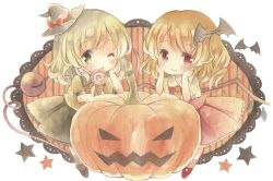 Rule 34 | 2girls, arm support, bat wings, black eyes, blush, bow, candy, chibi, emblem, flandre scarlet, food, hair bow, halloween, hands on own cheeks, hands on own face, hat, jack-o&#039;-lantern, kagome f, komeiji koishi, lollipop, looking at viewer, multiple girls, no headwear, no headwear, one eye closed, painting (medium), pumpkin, red eyes, short hair, skirt, skirt set, star (symbol), touhou, traditional media, watercolor (medium), wings, witch hat