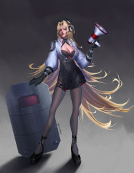 Rule 34 | 1girl, azur lane, ballistic shield, belt, black belt, black bra, black footwear, black gloves, black pantyhose, blonde hair, blue eyes, bra, bra peek, breasts, cleavage, dmitriy samarkin, full body, gloves, grey background, high-waist skirt, highres, holding, holding megaphone, kronshtadt (azur lane), kronshtadt (begin the rush!) (azur lane), lace, lace-trimmed bra, lace trim, large breasts, long hair, looking at viewer, megaphone, official alternate costume, pantyhose, platform footwear, police, police uniform, policewoman, puffy sleeves, shield, shirt, shoes, simple background, skirt, solo, standing, unbuttoned, unbuttoned shirt, underwear, uniform, very long hair, white shirt
