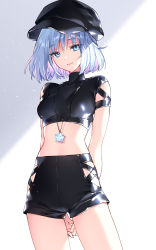Rule 34 | 1girl, arms behind back, bare arms, black hat, black shirt, black shorts, blue eyes, blue hair, bob cut, breasts, cabbie hat, collarbone, cowboy shot, crop top, hat, high-waist shorts, highres, jewelry, looking at viewer, medium breasts, midriff, nardack, necklace, original, shirt, short hair, short shorts, short sleeves, shorts, small stellated dodecahedron, smile, solo, standing, stomach, thighs, turtleneck