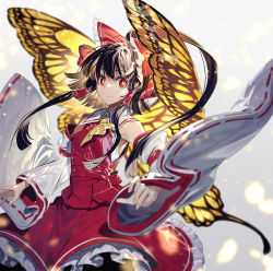 Rule 34 | 1girl, ahoge, ascot, back bow, bare shoulders, belt, black hair, blouse, blurry, bow, bug, butterfly, butterfly wings, closed mouth, collared dress, commentary, cover, cover page, depth of field, detached sleeves, dress, duplicate, eyelashes, fingernails, flying, frills, gradient background, grey background, hair between eyes, hair ornament, hair tubes, hakurei reimu, hands up, highres, insect, insect wings, light, long fingernails, long sleeves, looking to the side, pixel-perfect duplicate, red belt, red dress, shadow, shirt, short hair, smile, solo, standing, touhou, white background, white shirt, wide sleeves, wings, yellow ascot, zounose