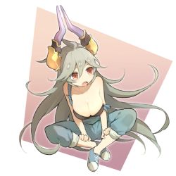 Rule 34 | 1girl, ahoge, alternate costume, bare shoulders, blush, breasts, casual, cleavage, collarbone, commentary request, contemporary, draph, dutch angle, full body, granblue fantasy, grey hair, hair between eyes, hair flaps, horns, indian style, large breasts, long hair, looking to the side, miyashirorin, open mouth, overalls, red eyes, sitting, solo, strap slip, threo (granblue fantasy), very long hair