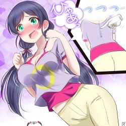 Rule 34 | 1girl, artist name, artist request, blush, breasts, collarbone, embarrassed, female focus, green eyes, highres, light brown pants, long hair, looking at viewer, love live!, love live! school idol festival, love live! school idol project, medium breasts, moon symbol, parted lips, purple hair, purple shirt, red shirt, shirt, solo, tojo nozomi, translated, translation request, twintails, under shirt, undershirt, yazawa nico, zero-theme