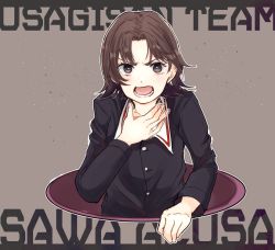 Rule 34 | 1girl, arai ako, bright pupils, brown eyes, brown hair, character name, collarbone, cupola, english text, frown, girls und panzer, highres, long sleeves, looking at viewer, ooarai military uniform, open mouth, parted bangs, sawa azusa, short hair, simple background, solo, teeth, tongue, white pupils