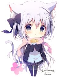 Rule 34 | 1girl, :o, animal ear fluff, animal ears, artist name, black bow, black footwear, black jacket, black pantyhose, blazer, blue cardigan, blue eyes, blush, bow, cardigan, cat ears, cat girl, cat tail, chibi, commentary request, food, fringe trim, full body, grey skirt, hair between eyes, hair bow, hair ornament, hairclip, holding, holding food, jacket, long hair, long sleeves, one side up, open clothes, open jacket, original, pantyhose, parted lips, pink scarf, plaid, plaid skirt, pleated skirt, scarf, shiratama (shiratamaco), shoes, signature, silver hair, skirt, sleeves past wrists, solo, standing, star (symbol), tail, taiyaki, very long hair, wagashi, white background