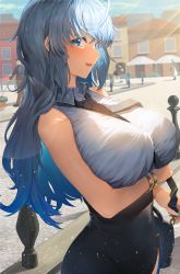 Rule 34 | 1girl, ahoge, arm under breasts, bag, between breasts, black neckwear, black skirt, blue eyes, blue hair, blush, bracelet, breasts, collared shirt, commentary, cowboy shot, day, closed eyes, from side, furrowed brow, grey shirt, hair between eyes, handbag, high-waist skirt, highres, jewelry, large breasts, lens flare, light blue hair, light rays, long hair, looking at viewer, looking to the side, necktie, neshia (tsaqif0309), open mouth, original, outdoors, shirt, shirt tucked in, side slit, skirt, sleeveless, sleeveless shirt, solo focus, strap between breasts, sunlight, sweatdrop, taut clothes, taut skirt, wing collar