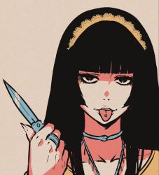 Rule 34 | 1girl, akairiot, black hair, blunt bangs, choker, hand up, highres, holding, holding knife, jewelry, knife, long hair, looking at viewer, necklace, original, piercing, portrait, red eyes, ring, shadow, simple background, solo, tan background, tongue, tongue out, tongue piercing