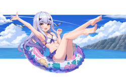 Rule 34 | 1girl, bare shoulders, bikini, blue sky, blush, breasts, brown eyes, fate/grand order, fate (series), forked eyebrows, hoodier, innertube, long hair, looking at viewer, melusine (fate), navel, open mouth, sidelocks, sky, small breasts, smile, solo, swim ring, swimsuit, white bikini, white hair