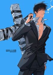 Rule 34 | 1boy, black eyes, black hair, black jacket, black pants, black suit, blue background, cigarette, closed mouth, collarbone, collared shirt, cowboy shot, cross, formal, highres, holding, jacket, looking at viewer, male focus, mouth hold, natsushio (x2i2a), nicholas d. wolfwood, pants, partially unbuttoned, shirt, short hair, simple background, smoking, solo, standing, suit, trigun, twitter username, white shirt