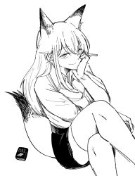 Rule 34 | 1girl, animal ear fluff, animal ears, arknights, closed mouth, collared shirt, commentary, crossed legs, feet out of frame, fox ears, fox girl, fox tail, franka (arknights), greyscale, hair between eyes, hand on own cheek, hand on own face, haruichi (sazanami complex), hatching (texture), highres, invisible chair, linear hatching, long hair, looking at viewer, monochrome, shirt, simple background, sitting, skirt, smile, solo, split mouth, symbol-only commentary, tail, thighhighs, white background