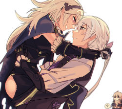 Rule 34 | 1girl, 3boys, armor, black armor, cape, corrin (female) (fire emblem), corrin (fire emblem), couple, covering own eyes, dwyer (fire emblem), eye contact, family, fire emblem, fire emblem fates, hug, jakob (fire emblem), kana (fire emblem), kana (male) (fire emblem), looking at another, multiple boys, nintendo, silver hair, thighs, torn cape, torn clothes, vento