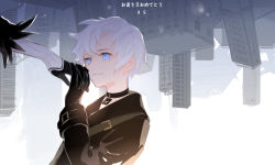 Rule 34 | 1boy, 1girl, black choker, black gloves, blue eyes, building, character name, choker, closed mouth, gloves, highres, holding, holding hands, iris yi, light particles, nier (series), nier:automata, smile, solo focus, upside-down, white hair, 2b (nier:automata), 9s (nier:automata)