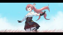 Rule 34 | 1girl, absurdres, ahoge, asymmetrical legwear, belt, blue sky, brown corset, cleavage cutout, clothing cutout, cloud, corset, dagger, day, feathers, field, gloves, grass, hair ornament, hairclip, hairpin, highres, hololive, hololive english, knife, long hair, multicolored hair, nanashi mumei, open mouth, outdoors, partially fingerless gloves, pleated skirt, ponytail, red skirt, shirt, sidelocks, single thighhigh, skirt, sky, smile, solo, streaked hair, thigh strap, thighhighs, virtual youtuber, vondanyom, watermark, weapon, white shirt