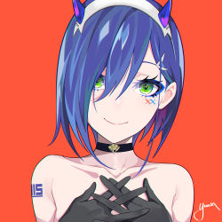 Rule 34 | 1girl, absurdres, bad id, bad pixiv id, black choker, black gloves, blue eyeshadow, blue hair, choker, closed mouth, collarbone, darling in the franxx, eyebrows hidden by hair, eyeshadow, gloves, green eyes, hair ornament, hair over one eye, hairband, hairclip, hands up, highres, horns, ichigo (darling in the franxx), makeup, orange background, own hands together, short hair, signature, simple background, smile, solo, upper body, white hairband, yuuta (yuuta0312)