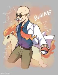 Rule 34 | 1boy, belt, blaine (pokemon), blue shirt, brown eyes, brown pants, character name, collared shirt, commentary, creatures (company), cropped legs, english commentary, facial hair, fire, formal, game freak, gen 1 pokemon, glint, grey background, highres, holding, holding poke ball, horse, male focus, mustache, necktie, nintendo, old, old man, open mouth, orange background, pants, poke ball, poke ball (basic), pokemon, pokemon (creature), pokemon lgpe, ponyta, purple-tinted eyewear, red necktie, round eyewear, shirt, suit, tail, tinted eyewear, touyarokii, two-tone background, v-shaped eyebrows, white hair, white suit, yellow-framed eyewear