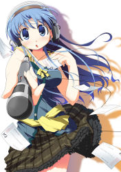 Rule 34 | 1girl, blue eyes, blue hair, bow, casual, character request, chestnut mouth, frilled skirt, frills, headphones, highres, holding, long hair, manga time kirara, matching hair/eyes, microphone, nagumo (nagumon), postcard, simple background, skirt, solo, white background