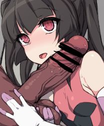 Rule 34 | 1boy, 1girl, bare shoulders, black hair, breasts, censored, elbow gloves, gloves, grey background, hetero, highres, kuro mushi, long hair, open mouth, penis, red eyes, senki zesshou symphogear, simple background, sleeveless, small breasts, testicle grab, testicles, tongue, tsukuyomi shirabe
