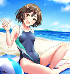 Rule 34 | 1girl, artist name, ball, beach, beachball, blue one-piece swimsuit, blue sky, breasts, brown hair, cloud, cloudy sky, collarbone, competition swimsuit, covered navel, dated, day, forest, hair between eyes, hairband, highleg, highleg swimsuit, highres, horizon, island, kantai collection, looking at viewer, nature, navel, ocean, one-piece swimsuit, open mouth, outdoors, sand, short hair, sky, small breasts, smile, solo, sunlight, swimsuit, tanikaze (kancolle), towel, tree, tsuchimiya, v, water, white hairband