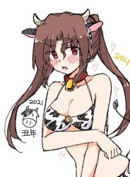 Rule 34 | 1girl, 2021, animal ears, animal print, bell, blush, breast hold, breasts, brown hair, cleavage, collar, collarbone, cow ears, cow girl, cow horns, cow print, cow print bikini, cow tail, cowbell, hayate no gotoku!, horns, large breasts, long hair, looking at viewer, maria (hayate no gotoku!), neck bell, new year, open mouth, print bikini, red eyes, sketch, solo, swimsuit, tail, twintails, white background