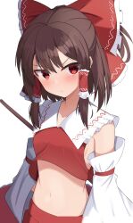 Rule 34 | 1girl, :/, absurdres, bare shoulders, blush, breasts, brown hair, commentary request, crop top, detached sleeves, frilled shirt collar, frills, glaring, gohei, hakurei reimu, highres, kirisame oreo, long sleeves, midriff, navel, red eyes, red skirt, red vest, sideboob, simple background, skirt, skirt set, small breasts, solo, stick, touhou, upper body, v-shaped eyebrows, vest, white background
