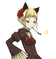 Rule 34 | 1girl, animal ears, beatrice (umineko), black dress, blonde hair, blue eyes, bow, bug, butterfly, cat ears, cat girl, choker, dress, female focus, flower, grin, hand on own hip, hip focus, insect, koshochka, looking at viewer, rose, smile, smoking, smoking pipe, solo, transparent background, umineko no naku koro ni, white background, witch