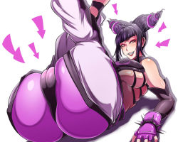 Rule 34 | 1girl, arrow (symbol), ass, baggy pants, barefoot, black hair, blush, breasts, cameltoe, capcom, cleft of venus, detached sleeves, drill hair, elbow gloves, fat mons, female focus, fingerless gloves, gloves, grin, halterneck, han juri, huge ass, kanta (k n t r o), large breasts, legs, legs up, looking at viewer, pants, red eyes, shiny clothes, shiny skin, short hair, sideboob, simple background, smile, solo, street fighter, street fighter iv (series), toeless legwear, twin drills, twintails, underboob