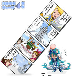 Rule 34 | 4koma, blonde hair, blue hair, brooch, character request, comic, cosplay, cure honey, cure marine, cure melody, cure melody (cosplay), cure rhythm, cure rhythm (cosplay), dutch angle, happinesscharge precure!, head bump, heart, heart brooch, heartcatch precure!, jewelry, kurumi erika, oomori yuuko, parody, precure, pururun z, saiark, simple background, smile precure!, suite precure, tower, translation request, white background