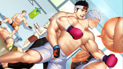 Rule 34 | 1girl, 4boys, ^ ^, abs, ass, bara, bare pectorals, behind another, between buttocks, biceps, black leggings, black shorts, blonde hair, blush, boxing, boxing gloves, boxing shorts, brown hair, bulge, bulge press, bulge to ass, character request, close-up, closed eyes, crotch grab, dumbbell, eddie (gyee), exercising, grey shorts, gyee, gym uniform, headband, highres, imminent anal, imminent penetration, itto (mentaiko), izumi (gyee), large pectorals, lee (gyee), leggings, light brown hair, lying, miles (gyee), multiple boys, muscular, muscular male, navel, nipples, official art, official wallpaper, on back, orange eyes, orange hair, orange shorts, pectoral press, pectorals, sexually suggestive, short hair, shorts, smile, spread legs, stomach, sweat, thick thighs, thighs, towel, towel around neck, weightlifting, white hair, white shorts, yaoi