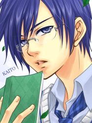 Rule 34 | 1boy, bespectacled, blue eyes, blue hair, blue necktie, book, character name, close-up, glasses, gradient background, kaito (vocaloid), kotobuki0101, leaf, male focus, matching hair/eyes, necktie, parted lips, project diva, project diva (series), project diva 2nd, solo, vocaloid, white background