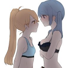 Rule 34 | 2girls, an sin, arms at sides, bar censor, black bra, blue bra, blue hair, blush, bra, breasts, censored, closed mouth, commentary, crossed arms, erection, frilled bra, frills, from side, futa with female, futanari, kasane ao, kirari hikaru, lone nape hair, long hair, looking at another, magia record: mahou shoujo madoka magica gaiden, mahou shoujo madoka magica, medium breasts, medium hair, multiple girls, nervous, orange hair, parted lips, penis, penis peek, ponytail, profile, purple eyes, simple background, small breasts, sports bra, sweat, twintails, underwear, underwear only, upper body, very long hair, white background