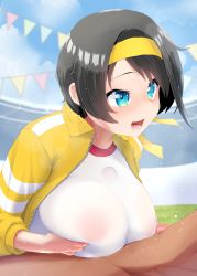 Rule 34 | 1boy, 1girl, black hair, blue eyes, blush, grabbing another&#039;s breast, breasts, bulge, clothed female nude male, clothed sex, clothes, erection, erection under clothes, fuwakuyuu, grabbing, grabbing own breast, gym uniform, hairband, highres, hololive, large breasts, looking at viewer, medium hair, nude, oozora subaru, open mouth, paizuri, paizuri under clothes, penis, penis under another&#039;s clothes, smile, sweat, virtual youtuber, yellow headwear