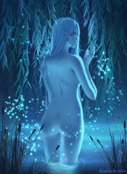 Rule 34 | 1girl, absurdres, animal ears, artist name, ass, bath, blue theme, commentary, cowboy shot, english commentary, eyeshadow, fins, fireflies, from behind, grass, grey hair, hair behind ear, hand up, head fins, highres, kantakerro, long hair, looking to the side, makeup, nature, night, original, solo, standing, very long hair, wading, water, willow