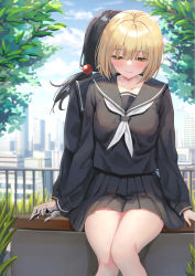 Rule 34 | 2girls, arms at sides, back-to-back, black hair, black sailor collar, black serafuku, black shirt, black skirt, blonde hair, blush, bob cut, breasts, cityscape, closed mouth, cloud, cloudy sky, highres, holding hands, interlocked fingers, large breasts, long sleeves, looking down, low twintails, mechanical arms, multiple girls, neckerchief, original, outdoors, piripun, plant, pleated skirt, railing, sailor collar, school uniform, serafuku, shirt, short hair, single mechanical arm, sitting, skirt, sky, smile, symbol-only commentary, thighs, tree, twintails, white neckerchief, yellow eyes, yuri